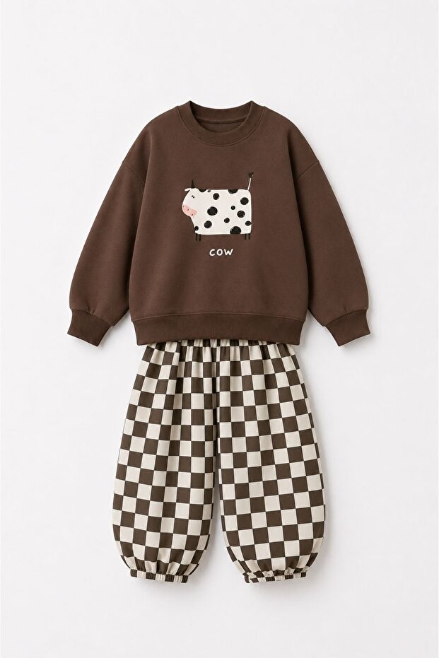 Girls Boys Tracksuit Set Brown Cow Print Oversize Jogger Checkered Bottom Top 2-8 Years