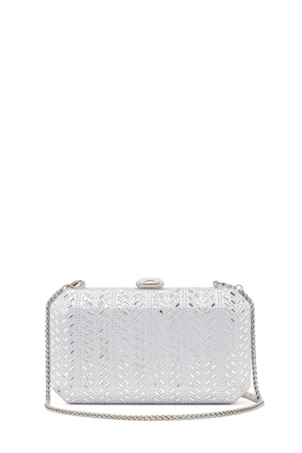 Women's Silver Long Chain Strap Stoned Mini Box Evening Dress Bag Ab24000560