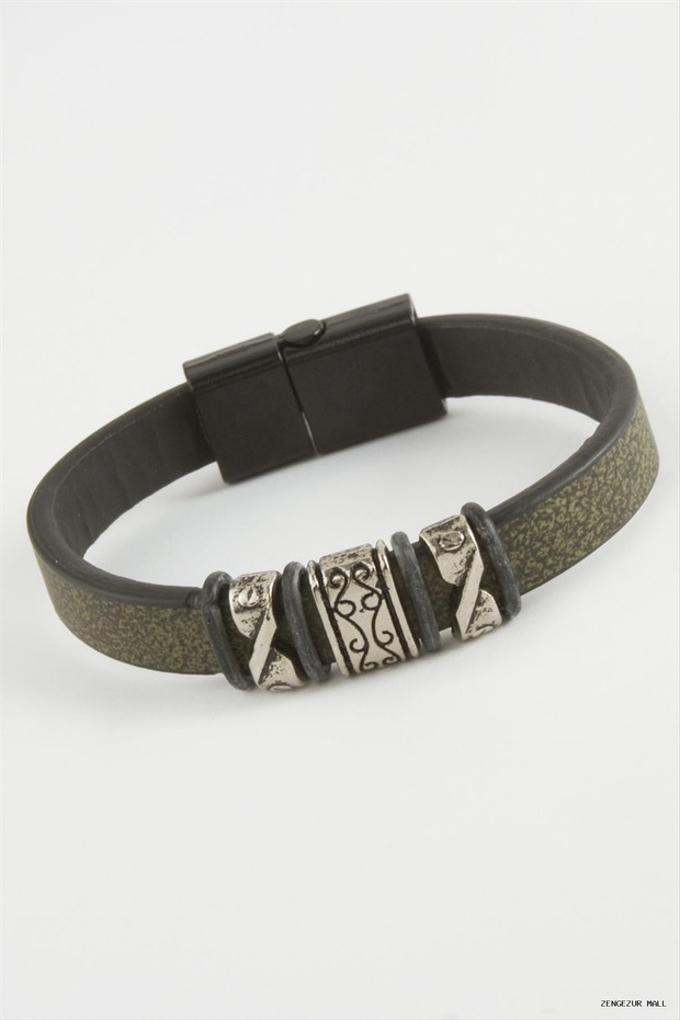 Zngzrmll Tile Patterned Quality Magnet Artificial Leather (31023) Bracelet Green