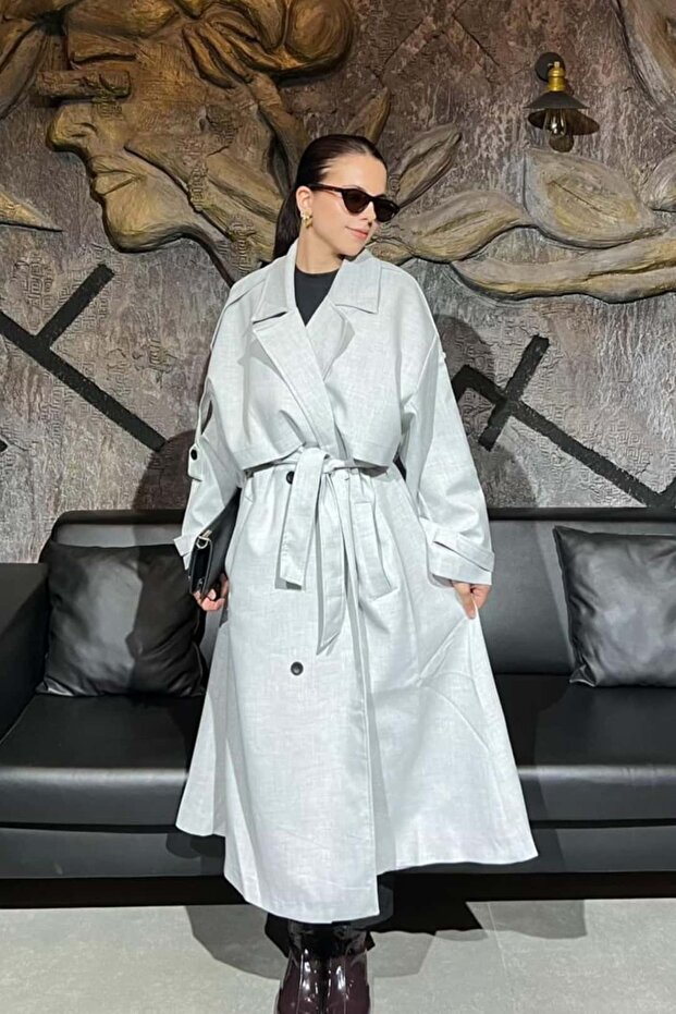 Women's Oversized Trench Coat with Long Shoulder Pads and Waist Belt Sun461