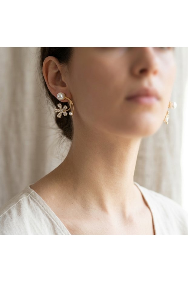Women's Gold Color Zircon Stone Flower Figured Double Pearl Elegant Curved Behind-The-Ear Jacket Earrings