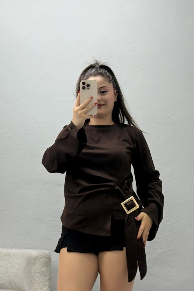 Women's Buckle Detailed Kimono Sleeve Modal Blouse Light Brown