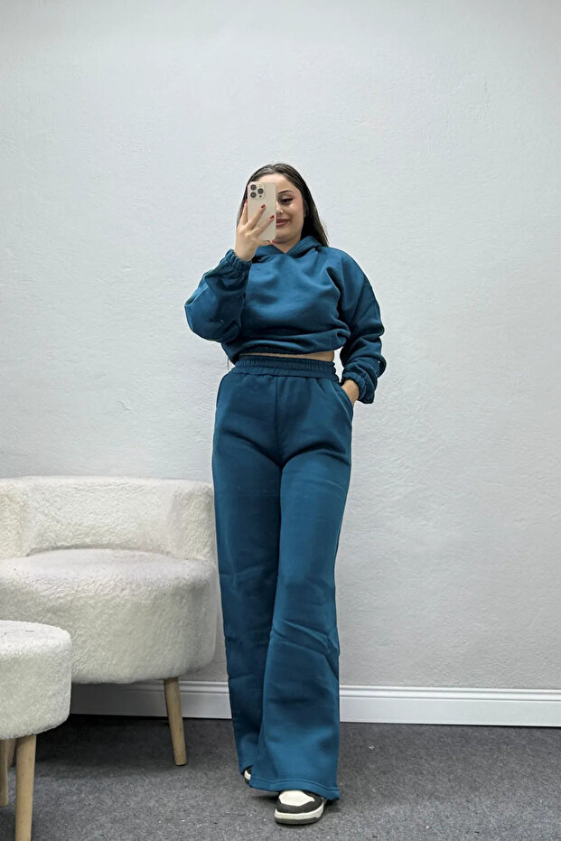 Women's 3 Threaded Threaded Sweatpants Set Petrolyesili
