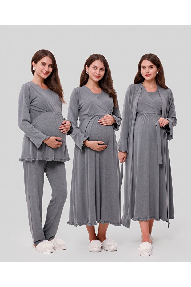 Smoked Ruffled Double-Breasted Cotton Long Sleeve Maternity Pajama Set and Nightgown 4-Piece Set
