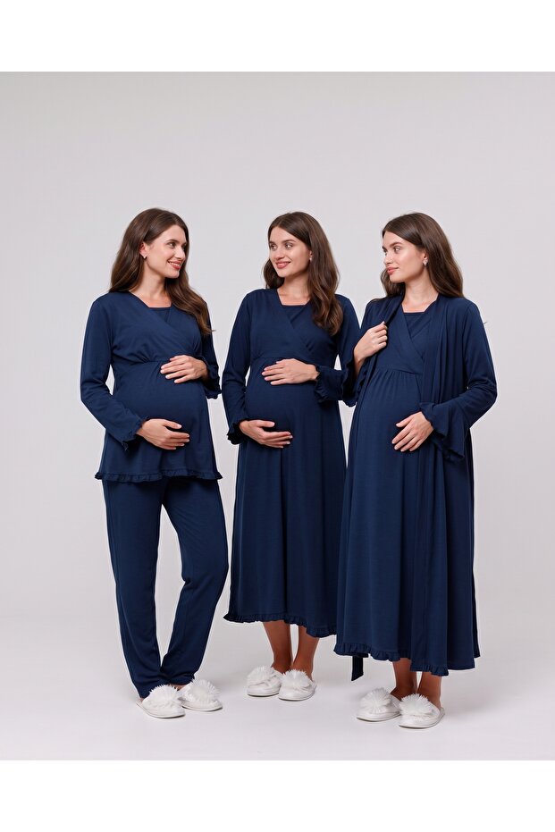 Navy Blue Ruffled Double-Breasted Cotton Long Sleeve Maternity Pajama Set and Nightgown 4-Piece Set