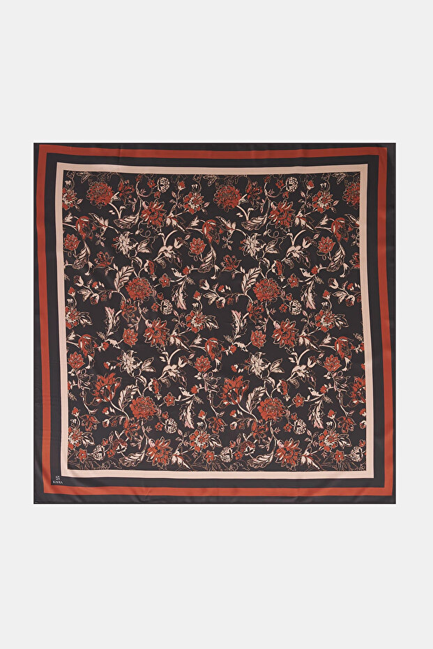 Floral Pattern Twill Scarf Dark Brown-Tile
