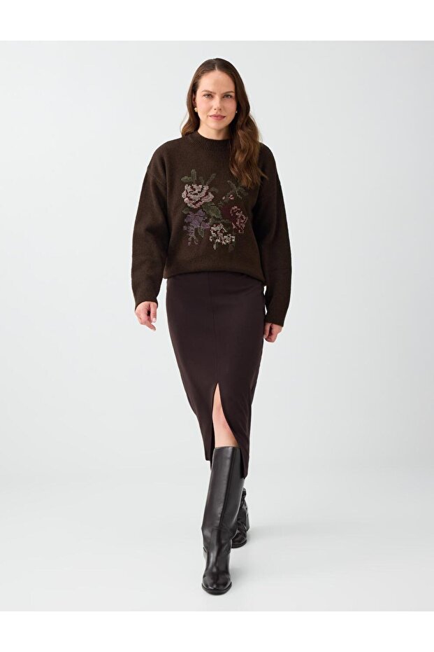 Bitter Brown Slit Detailed Straight Cut Midi Skirt