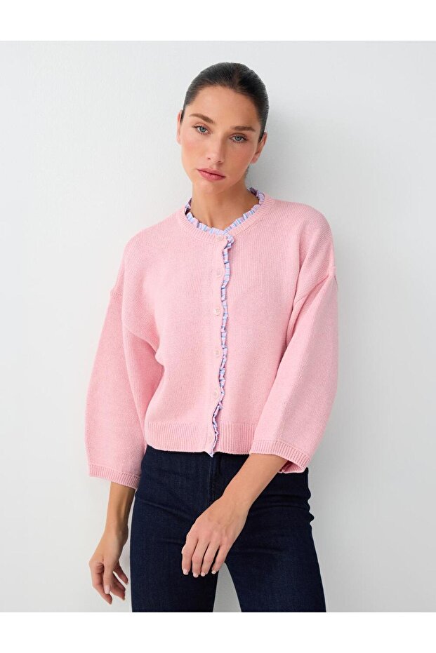 Light Pink Round Neck Ruffle Detailed Knitwear Cardigan