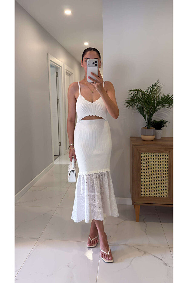 Neylika White Window Detailed Knitwear Dress