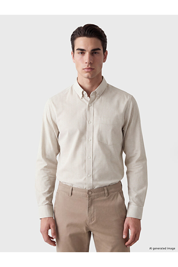 Ozmarka New Season Beige Regular Fit Plaid Poplin Men's Shirt
