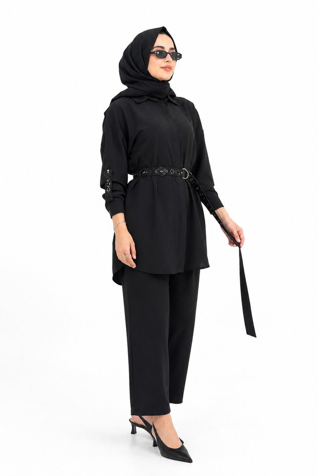 Beaded Sleeves Tunic Trousers Double Set