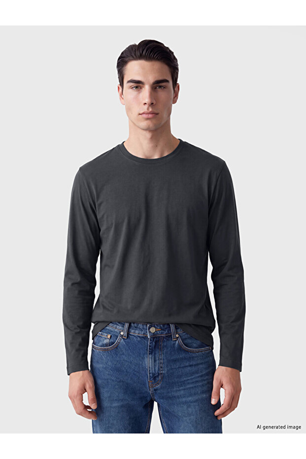 Lcwaikiki Classic Anthracite Crew Neck Long Sleeve Combed Cotton Men's T-Shirt