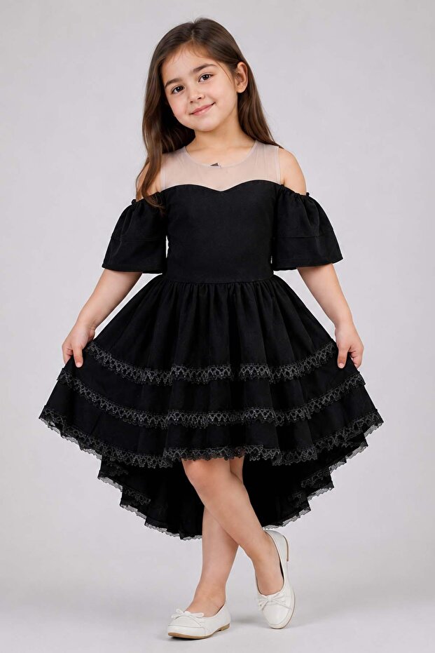 Girl's Asymmetrical Cut Collar Off-Shoulder Layered Hem Black Dress