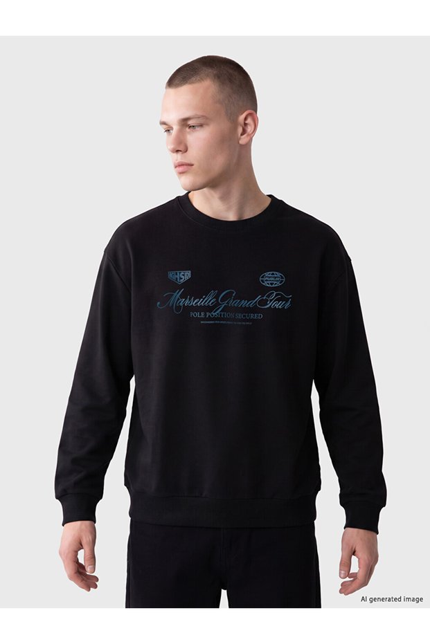 Black Crew Neck Marseille Printed Men's Sweatshirt
