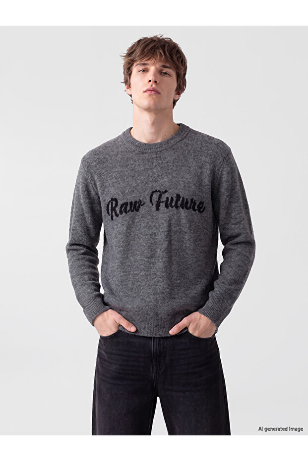 Vizyon New Season Anthracite Crew Neck Printed Men's Knitwear Sweater