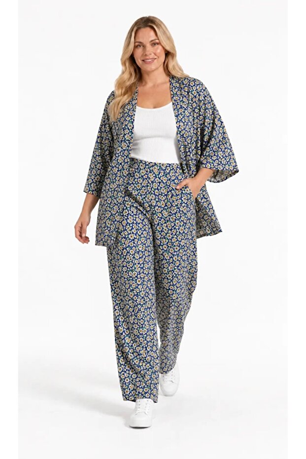 Women's Plus Size Yellow Floral Patterned Blue Kimono Set Hzl26S-Pr10181