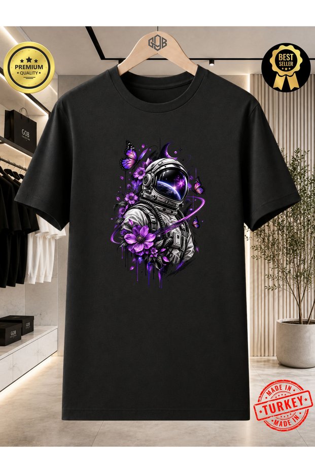 Unisex Women Men Regular 100% Cotton Printed Crew Neck Short Sleeve T-Shirt Black-Astronaut Butterfly