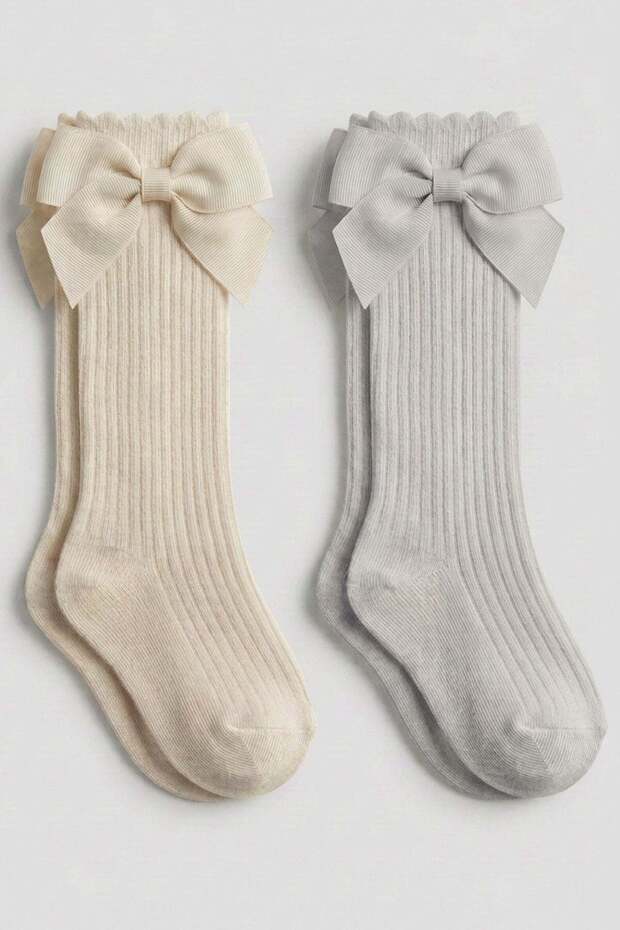 2 Pieces of Girls' Ribbed Knee-Length Socks with Bow