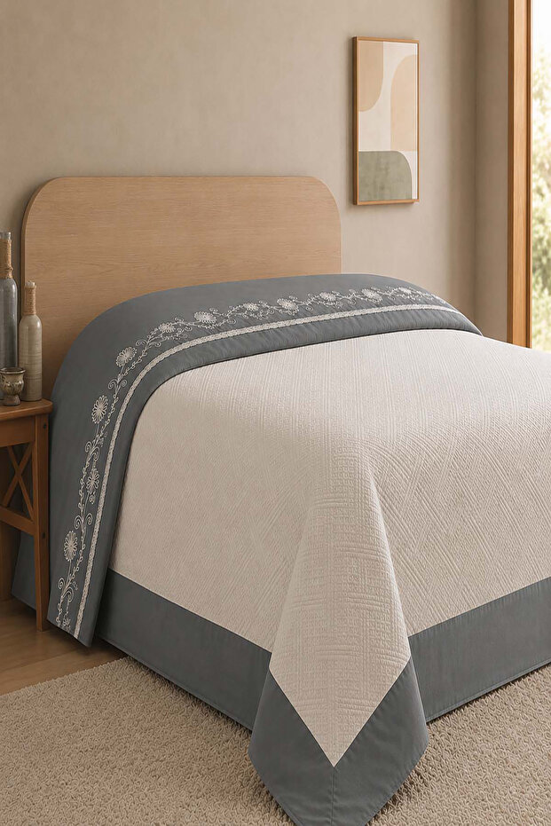 Embroidered Lace Single Pique & Bedspread with Border - Anthracite