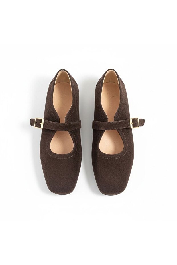 Brown Suede Square-Toe Buckle Women's Square-Toe Ballerinas