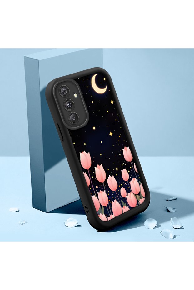 Samsung Galaxy M34 Compatible Romantic Night Sky Pink Tulip Full Printed Silicone Case, Flexible Impact Protection