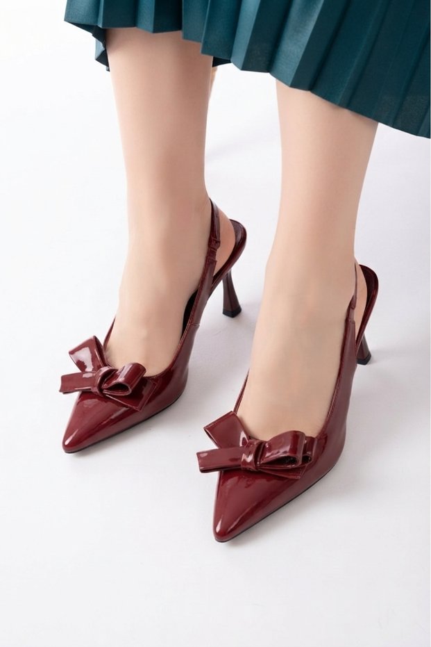 Zri̇n-4501 burgundy patent leather open-back heeled shoes with bow detail - 9 cm heel