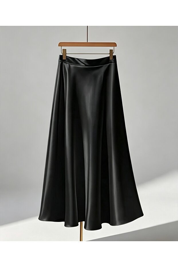 High Waist Satin A-line skirt - black