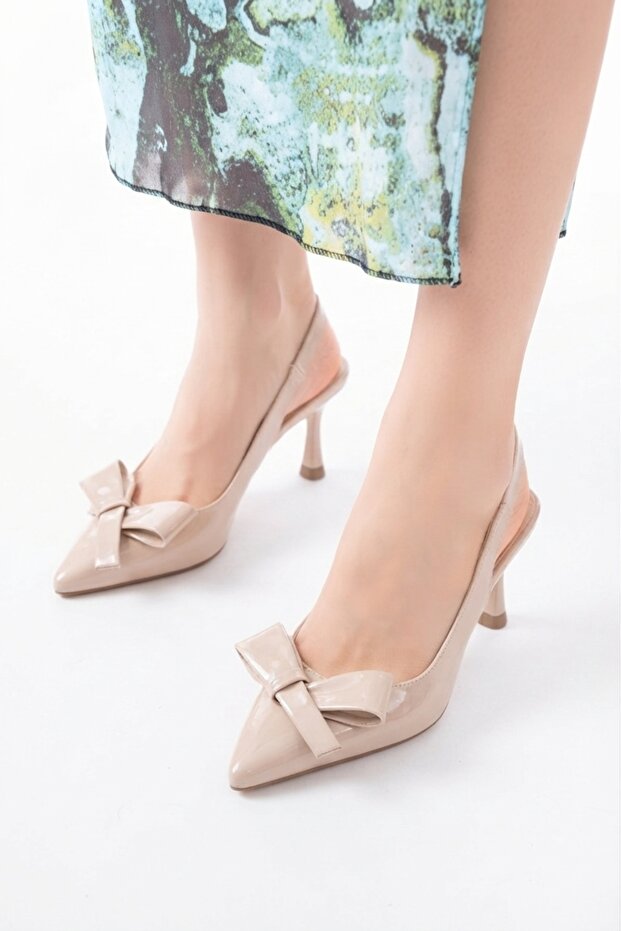 Zri̇n-4501 Beige Patent Leather Daily Open Back Bow Heeled Shoes 9 cm