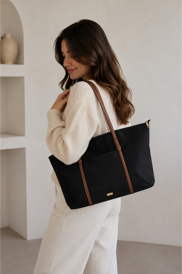 Women's Black Zippered Shoulder Bag Large Size Daily Useful Tote Bag