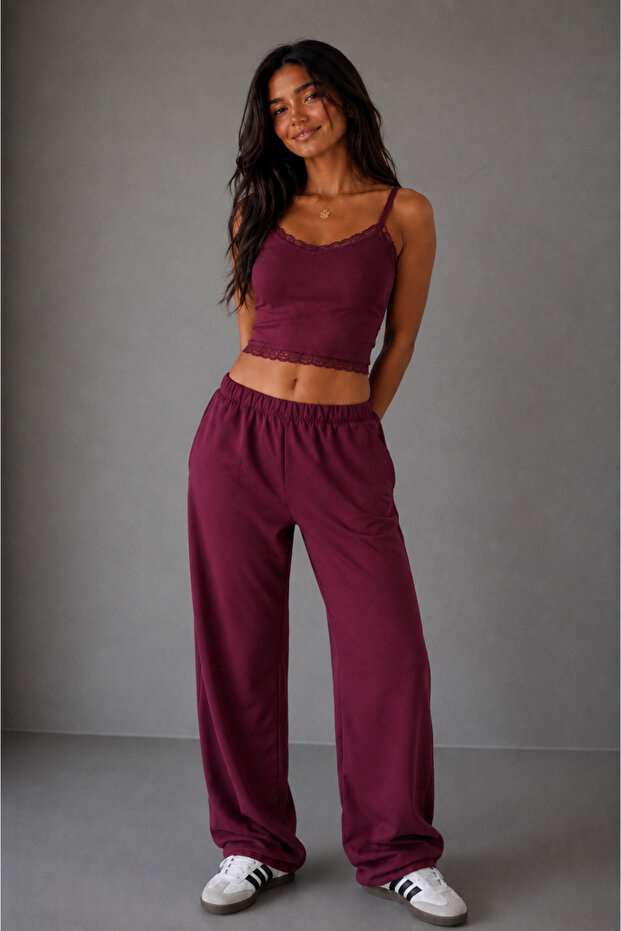 Women's Burgundy Elastic Waist Sweatpants Be499