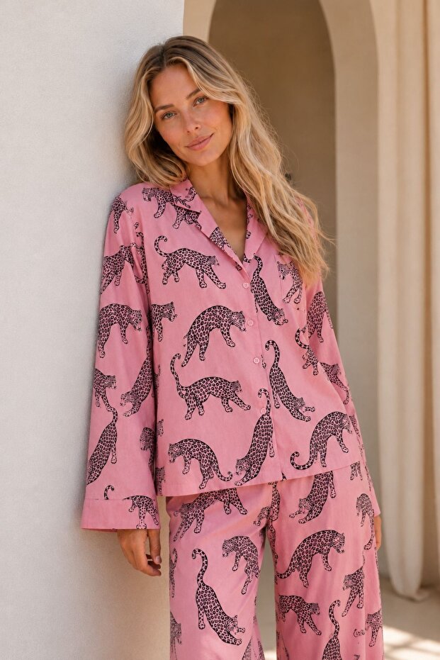 Cotton Pink Leopard Patterned Buttoned Long Sleeve Pajama Set