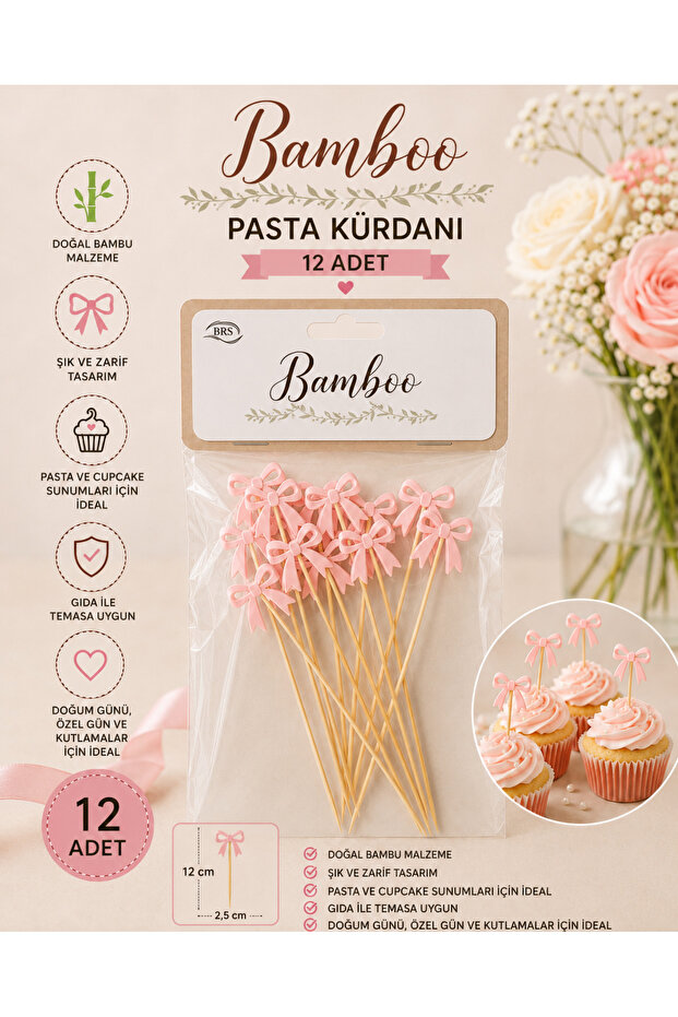 Bamboo Pink Bow Toothpicks 12 Pieces