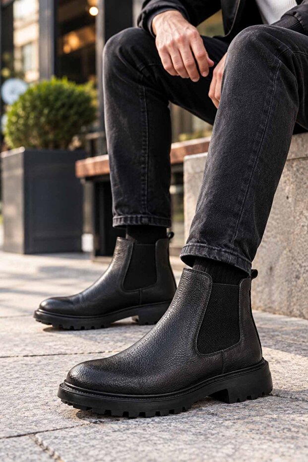 Men's Genuine Leather Black Chelsea Boots Elastic Thick Sole Winter Casual Shoes