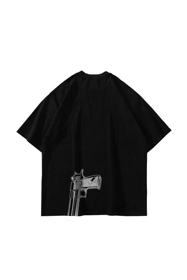 Gun Graphic Printed Black Oversize Unisex Tshirt