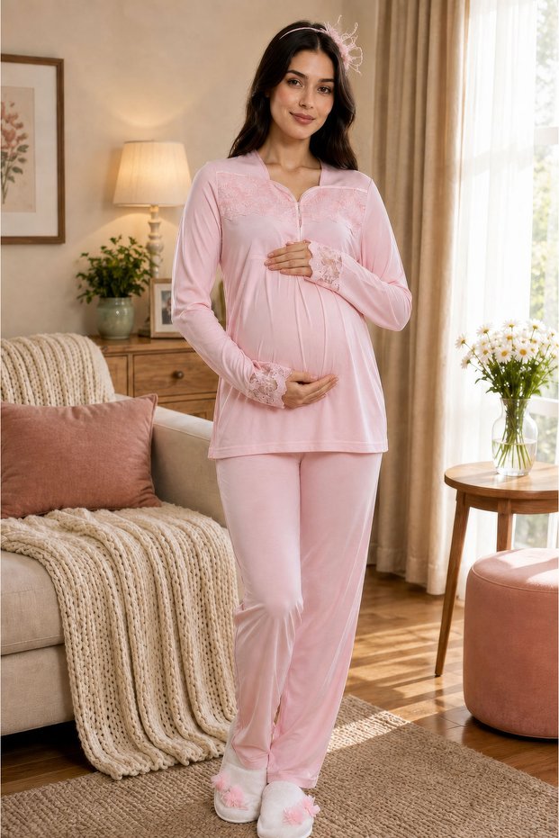 Breastfeeding-Enabled Cotton Maternity Pajama Set with Elastic Waist Effortt - Powder