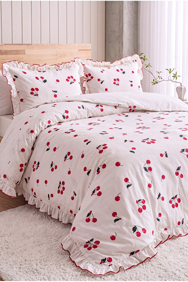Ruffled Cherry Patterned Double Duvet Cover Set | 200X220 cm Duvet Cover, 2 Pieces 50X70 cm Pillowcases | Cotton Soft Texture
