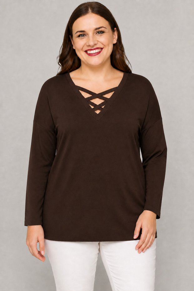 Plus Size V-Neck Cross-Banded Long Sleeve Blouse Brown