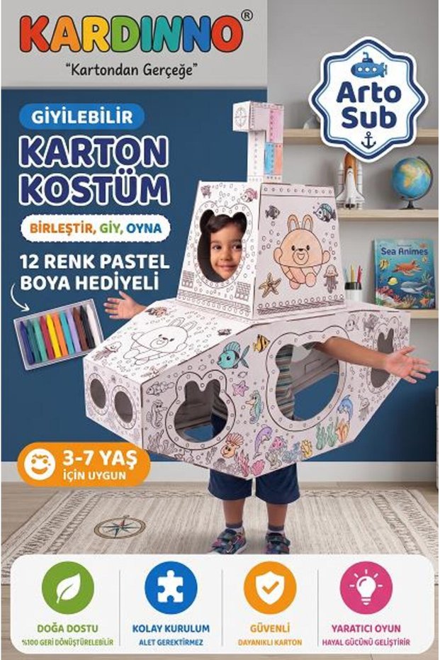 Wearable Cardboard Submarine Costume Arto Sub - Children's Coloring Model (with Pastel Crayons as a Gift)