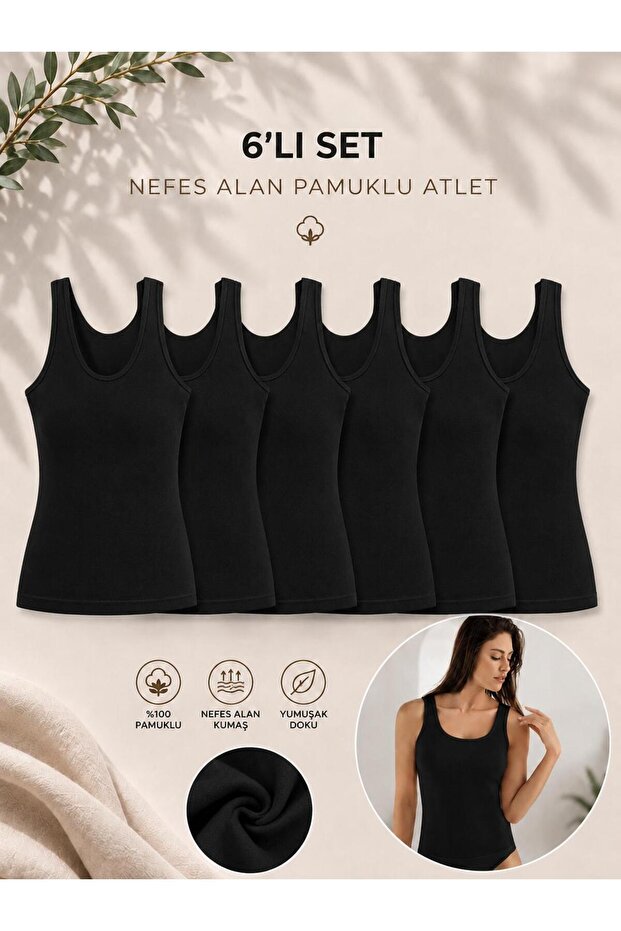 Women's Cotton Thick Strap Black Undershirt Set of 6