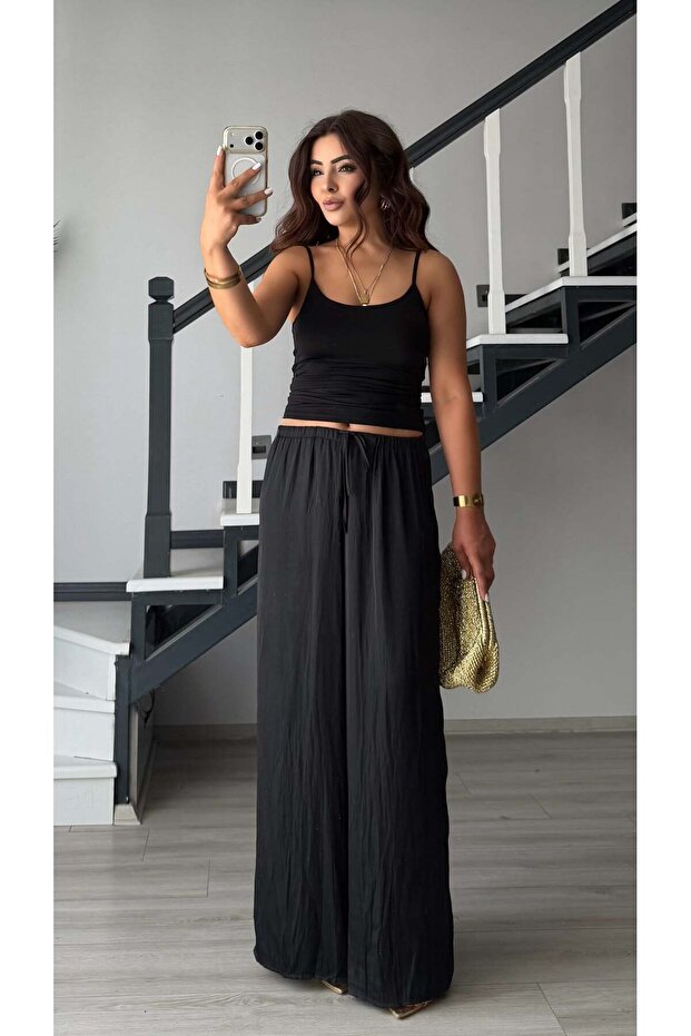 Black Draped Satin Trousers
