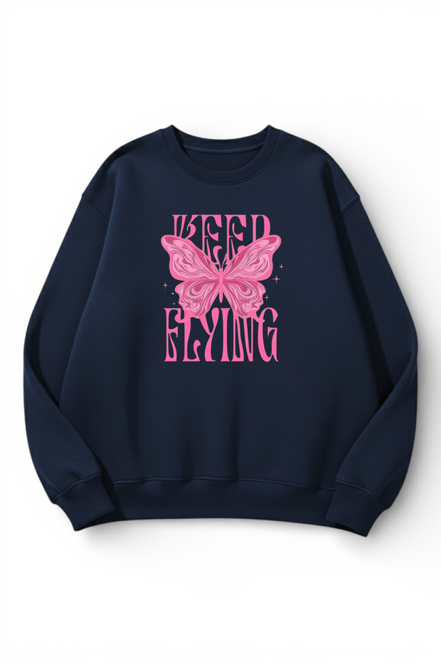 Unisex Soft Textured Keep Flying Printed Design Oversize 3 Thread Crew Neck Sweatshirt