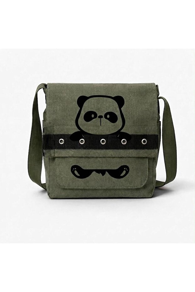 Khaki Panda Printed Round Eyelet Messenger Bag