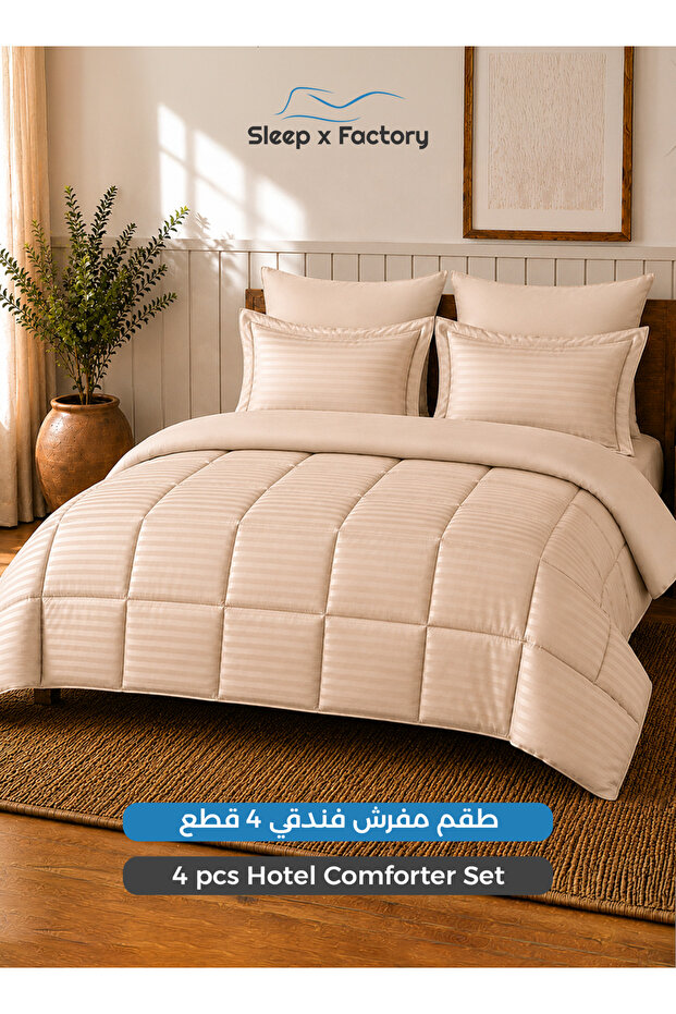 طقم لحاف فندقي من 4 قطع مقاس 140×200 سم - أغطية سرير من الألياف الدقيقة المخططة