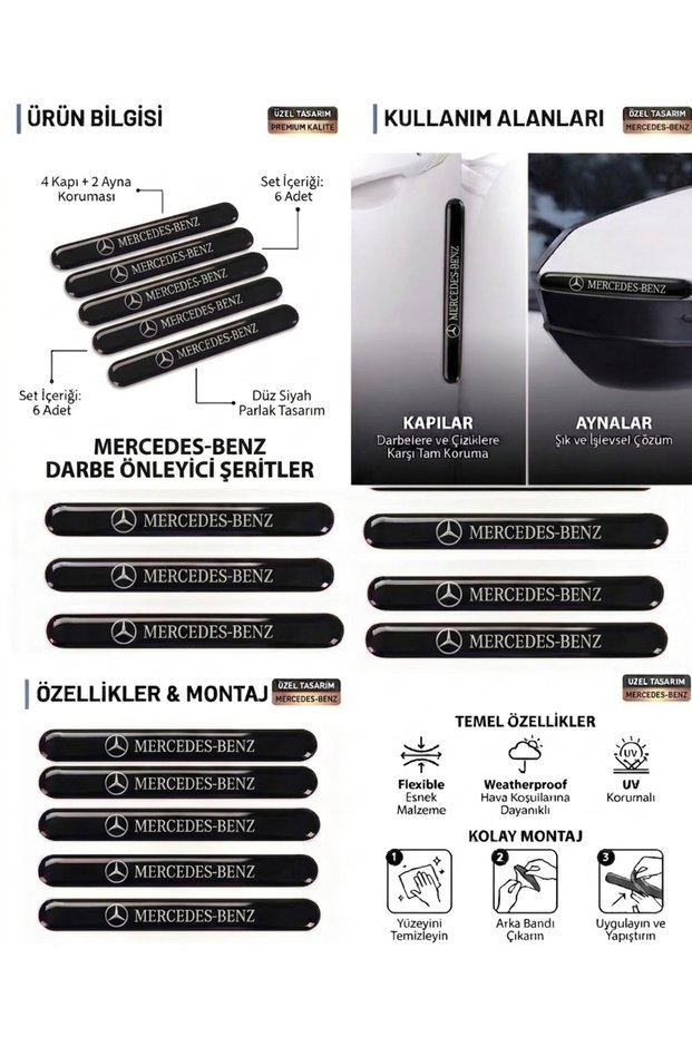 Mercedes Benz Compatible 6-Piece Door and Side Mirror Protection Strip - Premium Black Anti-Scratch Set