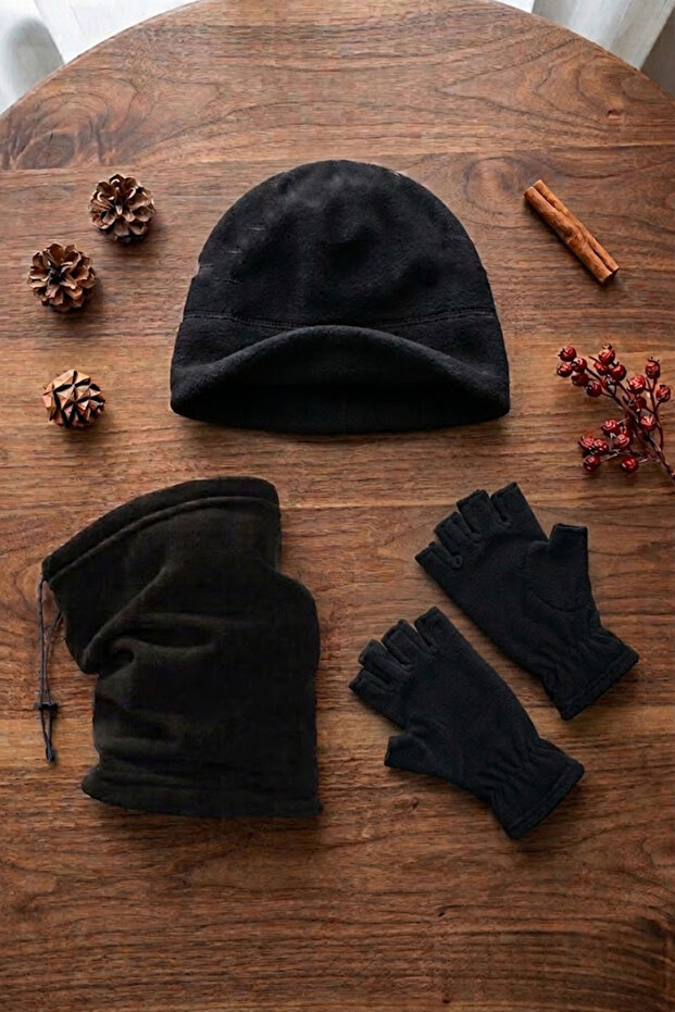Unisex Black Fleece 3-Piece Winter Set - Adjustable Neck Gaiter, Beanie, and Glove Set