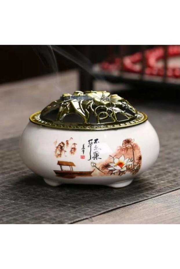 Generic Small 9cm Ceramic Incense Burner Holder with Metal Lid - Decorative Aroma Diffuser for Cone & Coil Incense - Home Decor & Meditation Gift.