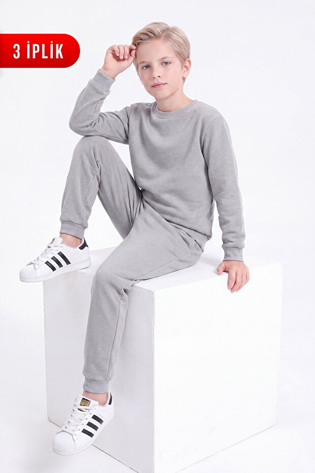 3 Thread Flat Boys' Double Pocket Crew Neck Sweatpants Set