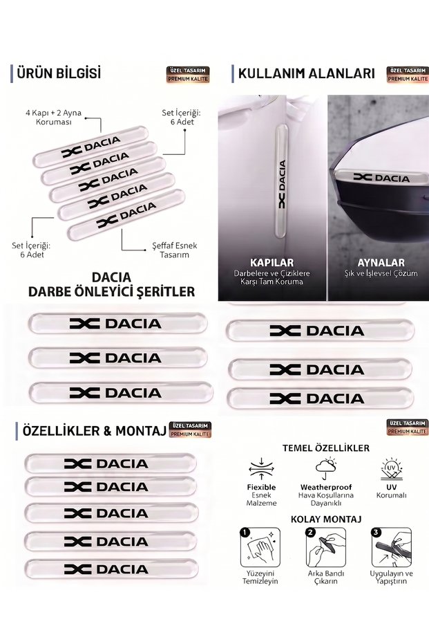 Dacia Compatible 6-Piece Door and Side Mirror Protection Strip - Premium Black Anti-Scratch Set