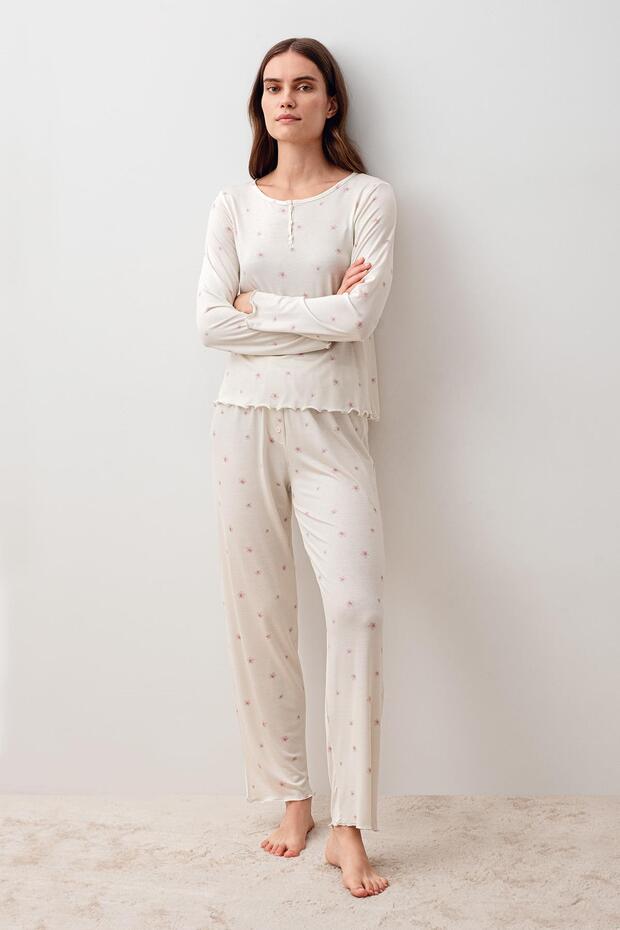 Long Sleeve Buttoned Patterned Lycra Viscose Pajama Set