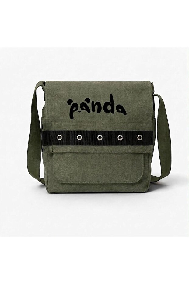 Khaki Panda Written Round Eyelet Messenger Bag
